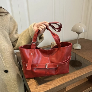 Retro red PU leather tote bag with silver buckle and shoulder strap for women daily commute