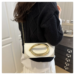 Close-up of white leather crossbody bag with large gold horseshoe buckle and chain