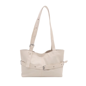 Minimalist creamy white large tote bag with silver buckle and adjustable shoulder strap