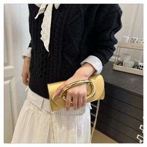 Detail of gold box clutch featuring large oval metal handle and delicate chain strap