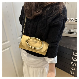 Detail of champagne gold chain bag with designer round metal buckle and metallic finish