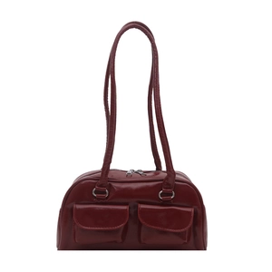 Polished burgundy shoulder bag for women with dual front pockets and silver-tone hardware