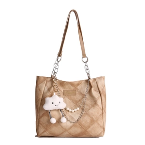 Quilted khaki tote bag with silver chain straps and elegant pearl pendant charms