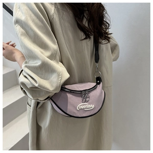 Detail of purple crescent fanyissa logo crossbody bag with adjustable strap