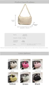 Detailed size chart and multi-color options for the ruched cloud shoulder bag