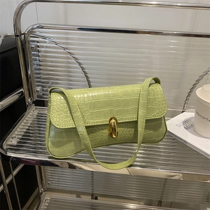 Baguette Underarm Shoulder Bag Crocodile Pattern PU Leather Gold Metal Buckle Retro Simple Casual Women