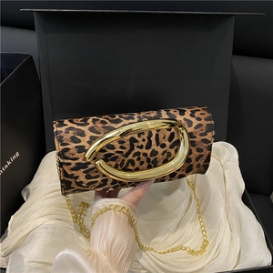 Fashionable leopard print box clutch with gold metal ring buckle and chain strap