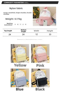 Tableau des tailles et détails du sac à dos léger en nylon disponible en quatre couleurs