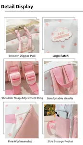 Détails du sac à dos montrant la fermeture éclair, le logo nuage et les bretelles roses