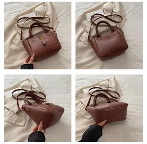 Vues multiples du sac à main en cuir PU marron avec fermoir doré et bandoulière