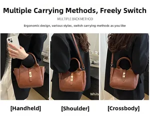 Trois façons de porter ce sac seau en cuir camel : à la main, à l'épaule et en bandoulière