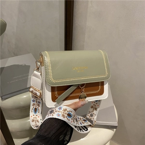Women Patchwork PU Leather Shoulder Bag With Embroidered Wide Strap Fashion Crossbody Square Bag Daily Urban Minimalist Purse