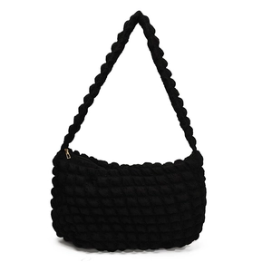 Fashionable black bubble textured hobo bag with elastic pleated design and moon shape
