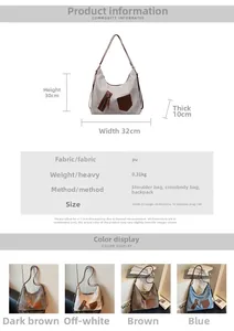 Detailed dimension guide and color options for large retro PU crossbody tote bag