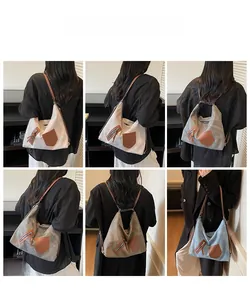 Collage of multi-color canvas tote bags showing models wearing casual crossbody designs