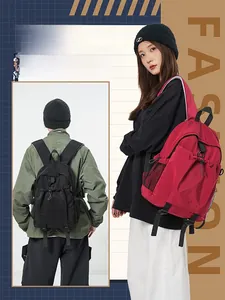 Detail of waterproof nylon backpack featuring drawstring pocket and breathable mesh side pockets