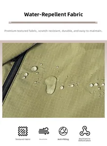 Close-up of khaki green waterproof ripstop fabric showing water beads on surface