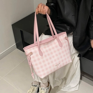 Women Plaid Gingham Tote Bag PU Leather Large Capacity Shoulder Underarm Handbag For Casual Commuting Daily Style