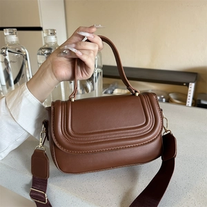 Women Fashion PU Leather Crossbody Bag Flap Square Top Handle Wide Webbing Strap Retro Shoulder Satchel For Daily