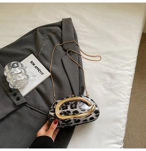 Detail of leopard print crossbody bag featuring a large gold C-shaped metal buckle