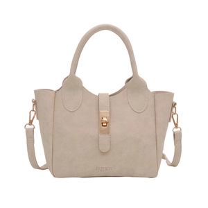Sac seau beige élégant avec ferrures dorées et lettrage FASHION en vue de face