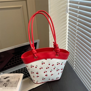 Women Cherry Print PU Leather Shoulder Bag Contrast Color Tote Handbag With Knot Strap Casual Fashion