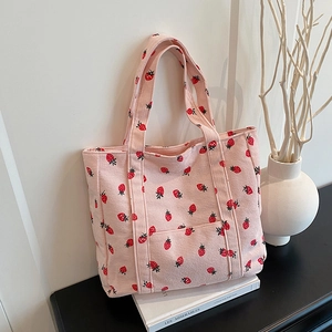 Borsa tote in velluto a coste rosa con stampa di fragole, borsa a spalla estiva capiente