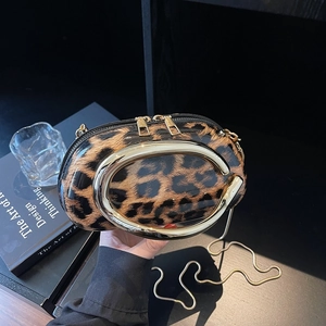 Leopard Print Crossbody Bag PU Leather Large Gold Metal Handle Chain Strap Oval Double Zipper Niche Fashion Women