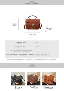 Detaillierte Größentabelle mit Maßen 20x14x7cm und Farbauswahl für diese PU-Handtasche