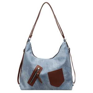 Vintage large-capacity blue denim tote bag with brown leather accents and shoulder strap