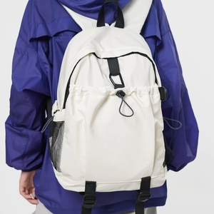 Minimalist off-white campus backpack with drawstring pocket and side mesh storage