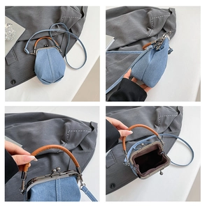 Detailed views of vintage denim bucket bag with brown leather handle and metal clasp