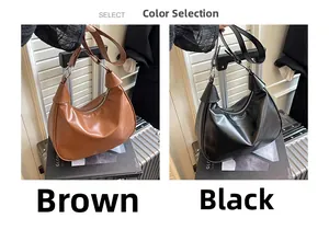 Detailed comparison of brown and black PU leather half-moon bags with metal strap rings