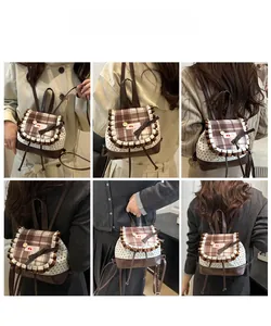Detailed views of a plaid star backpack featuring cherry bow and lace edge trim