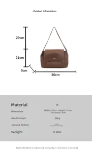 Detailed size chart of the brown PU leather shoulder bag with chain strap dimensions