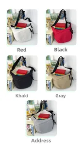 Detailed grid view showing five colors of minimalist crescent bags with wide straps