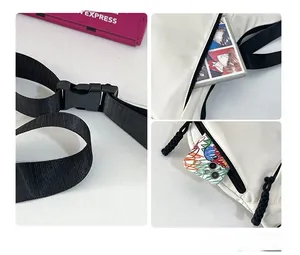 Detail view of large capacity nylon crossbody bag showing inner pockets and buckle strap