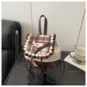 Detail view of mini backpack with brown plaid flap and lace trim on a dark table