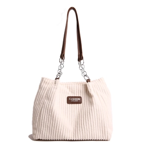Large beige corduroy tote bag with chain strap and leather patch for women