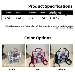 Detailed size chart for sweet plaid PU backpack with dimensions and color options