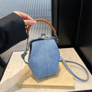 Vintage Denim Bucket Bag Kiss Lock Handbag Retro Doctor Crossbody Bag With Top Handle And Contrast Stitching For Women