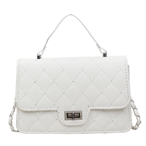 White quilted crossbody bag with silver chain strap and metal turn-lock on white background