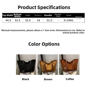 Size chart showing large vintage suede tote bag dimensions and three available colors