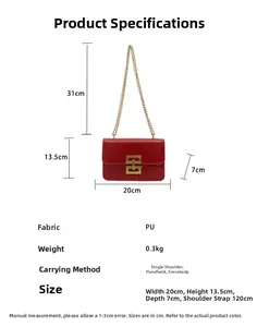 Detailed size chart of red PU leather bag with gold chain and metal buckle dimensions