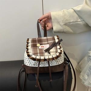 Sweet Japanese Style Mini Backpack Checkered Pattern Star Print Ribbon Bow Knot Patchwork Small Rucksack For Women Girls