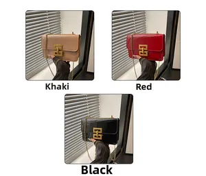 Detailed close-up of patent leather crossbody bags in khaki, red, and black with metal chains