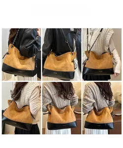 Detailed views of a large suede hobo bag with chain strap styled across six chic outfits