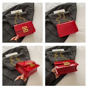 Detailed views of a glossy red patent leather crossbody bag with golden chain strap