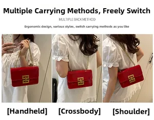Detailed views of red patent leather crossbody bag with gold lock and chain strap
