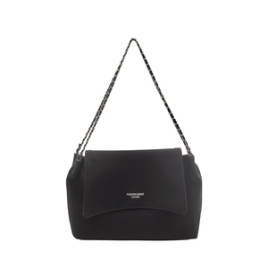 Retro black leather shoulder bag with chain strap and fashion print on the cover